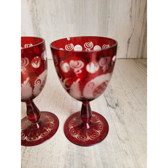 Egermann red cup Bohemian etched glass set collectible vintage - Picture 7 of 13